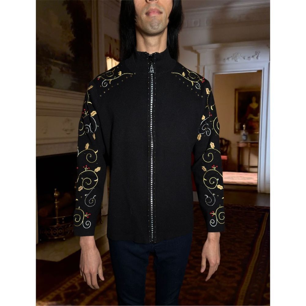 Vintage Sweater Sequined Beaded Zip Front Black Cardigan Mens Women's Bedazzled